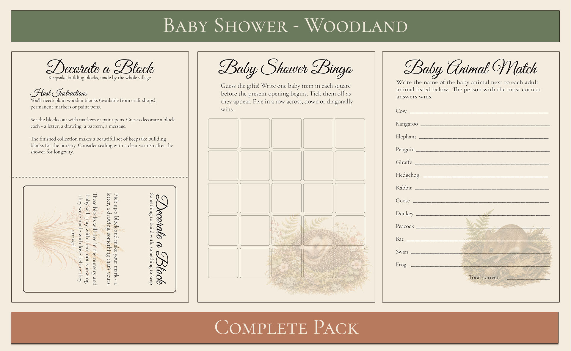Woodland Themed Baby Shower Complete Pack 4