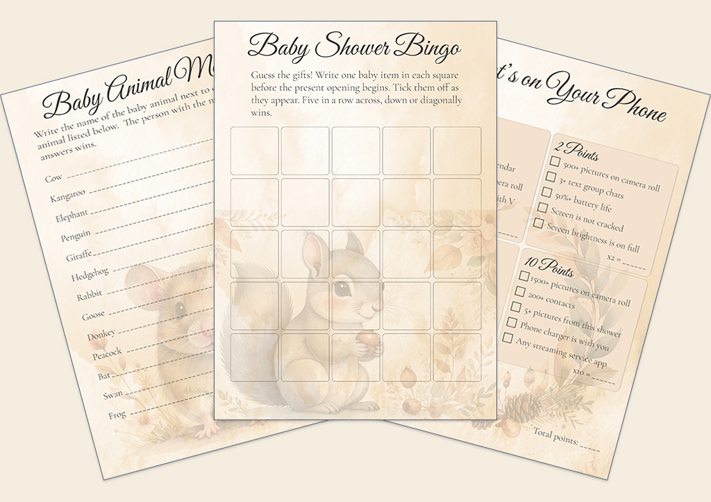 Woodland Baby Shower bingo